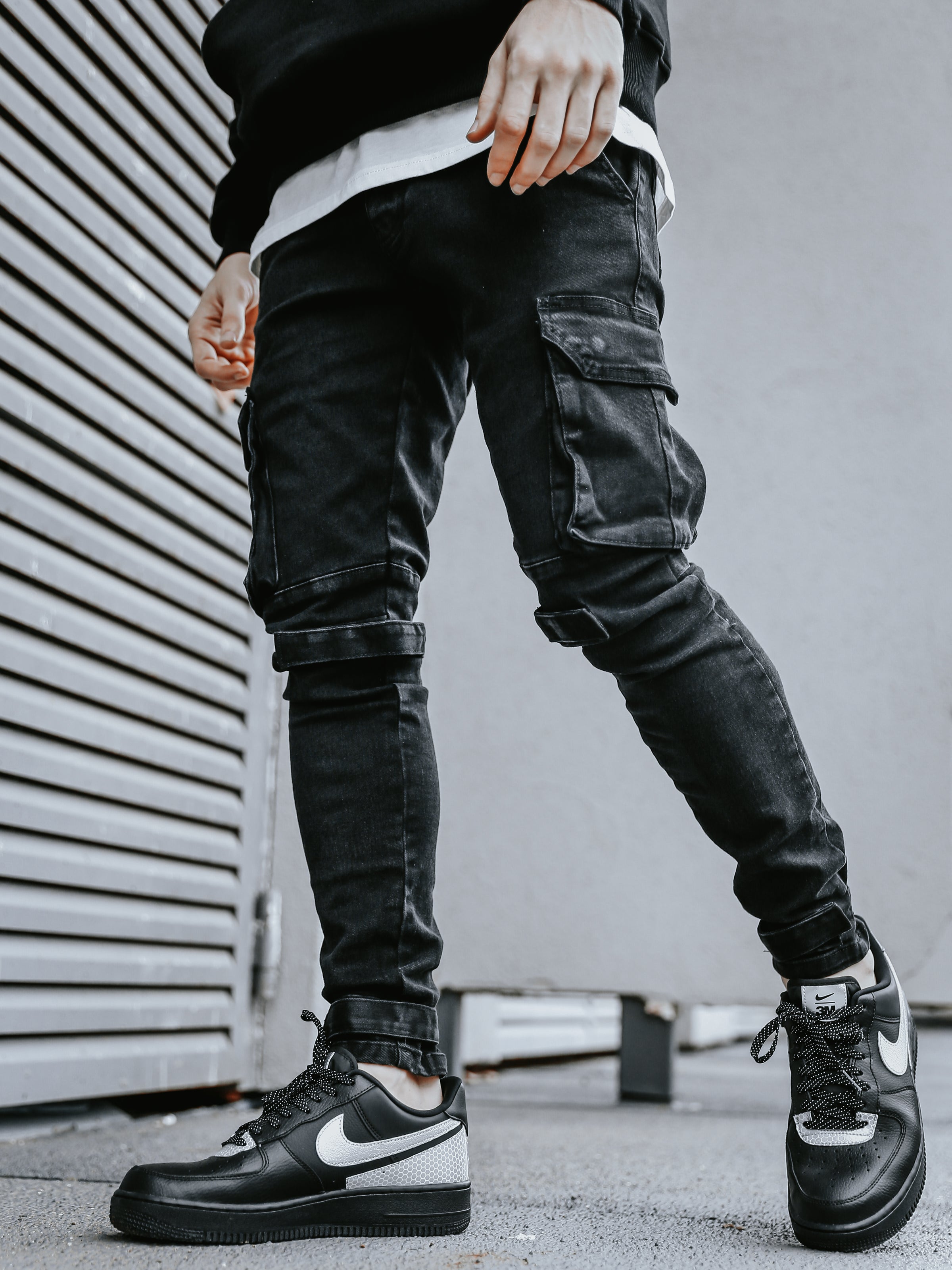 Black Skinny Cargo Pants, Men's Streetwear