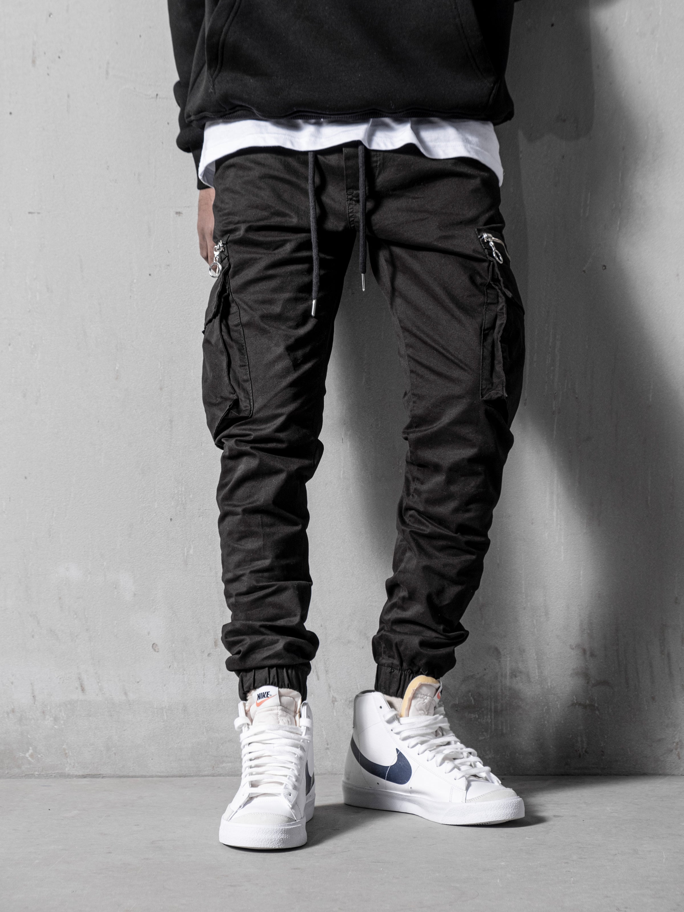 Black Cargo Slim Fit Pants, Men's Streetwear Pants