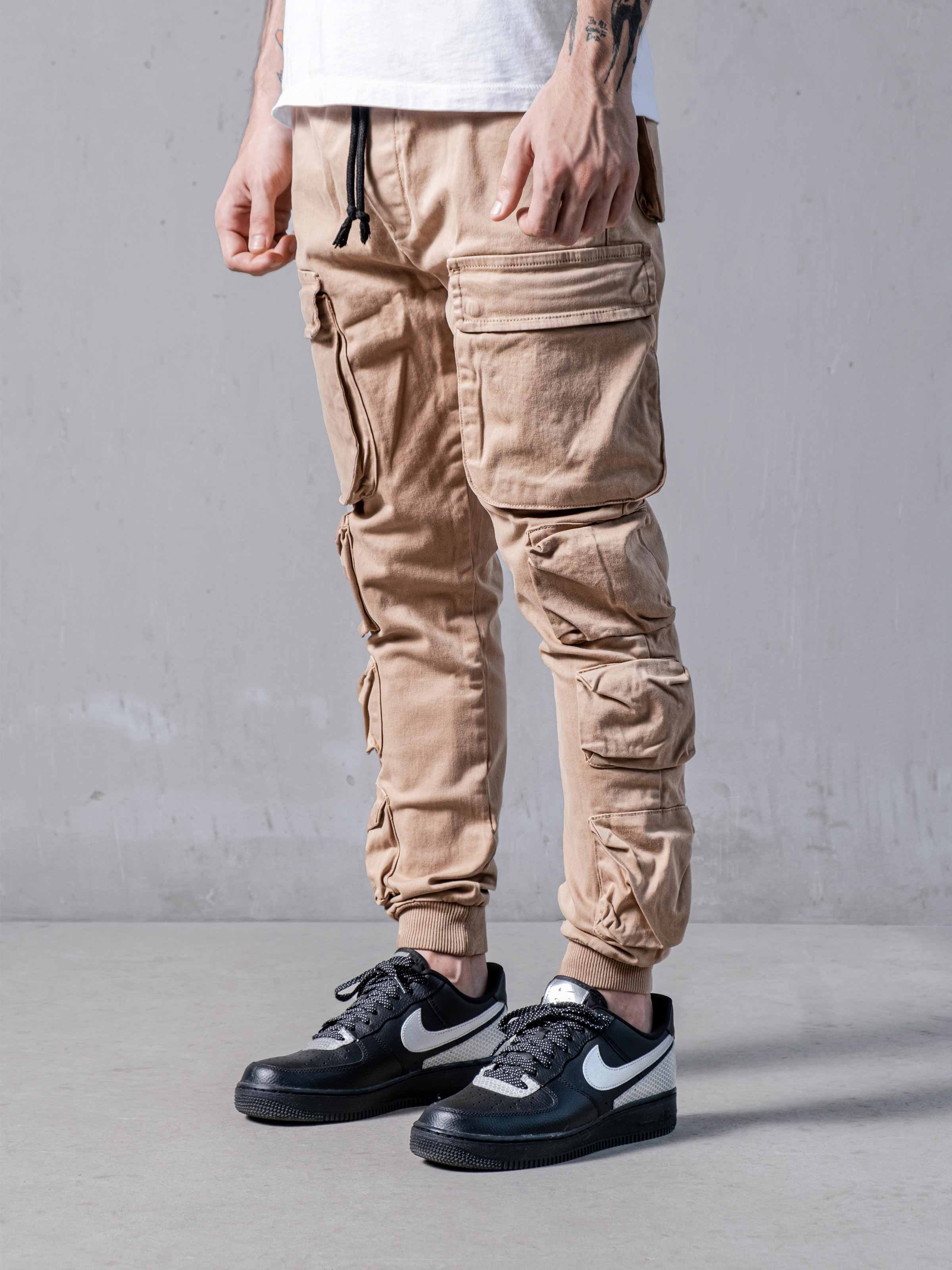 Beige Cargo Pants, Men's Streetwear